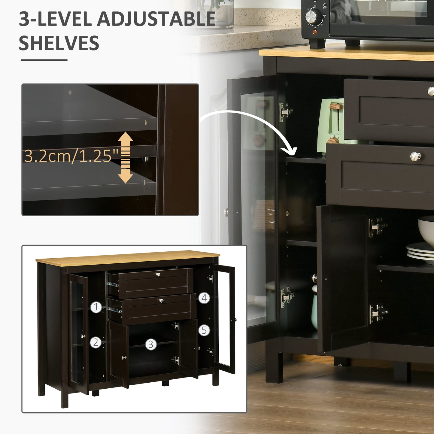 Modern Storage Cabinet with 4 Doors and 2 Drawers, Black Brown