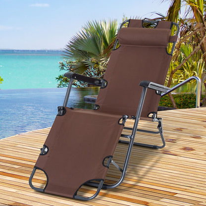 2 in 1 Outdoor Folding Sun Lounger w/ Adjustable Back and Pillow Brown