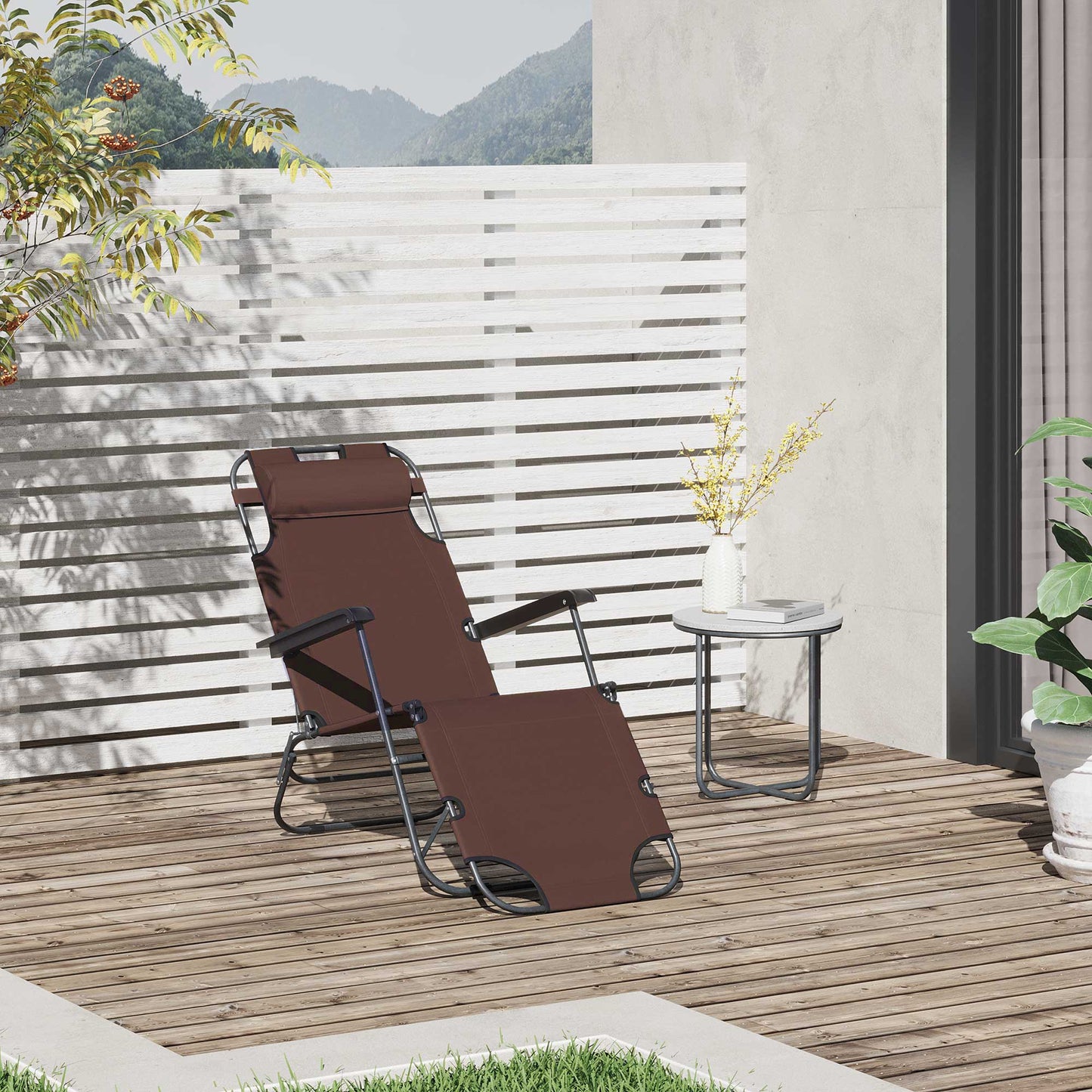 2 in 1 Outdoor Folding Sun Lounger w/ Adjustable Back and Pillow Brown