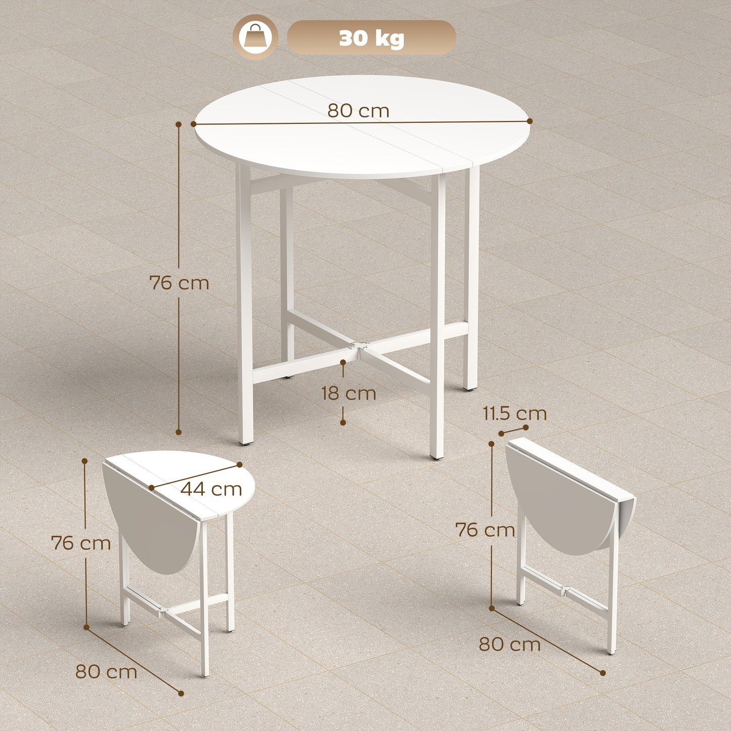 Folding Dining Table, Collapsible Drop Leaf Table for Small Spaces, Extendable Kitchen Table with Steel Frame, White