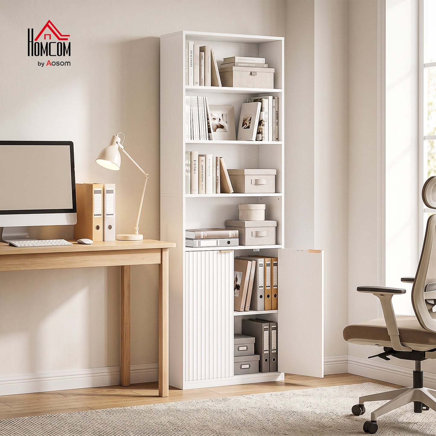 Bookcase with Adjustable Shelf 6-Tier Tall Bookshelf, White