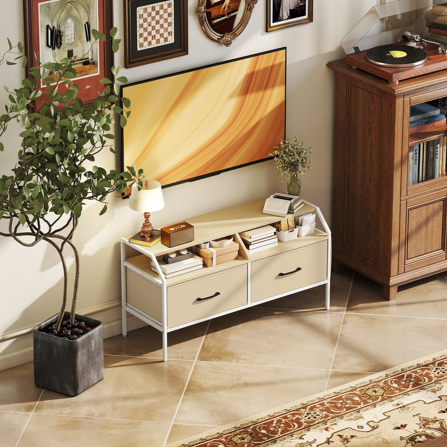 TV Stand Cabinet with 2 Foldable Drawers, Natural Wood Finish