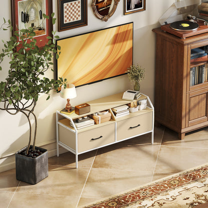 TV Stand Cabinet with 2 Foldable Drawers, Natural Wood Finish