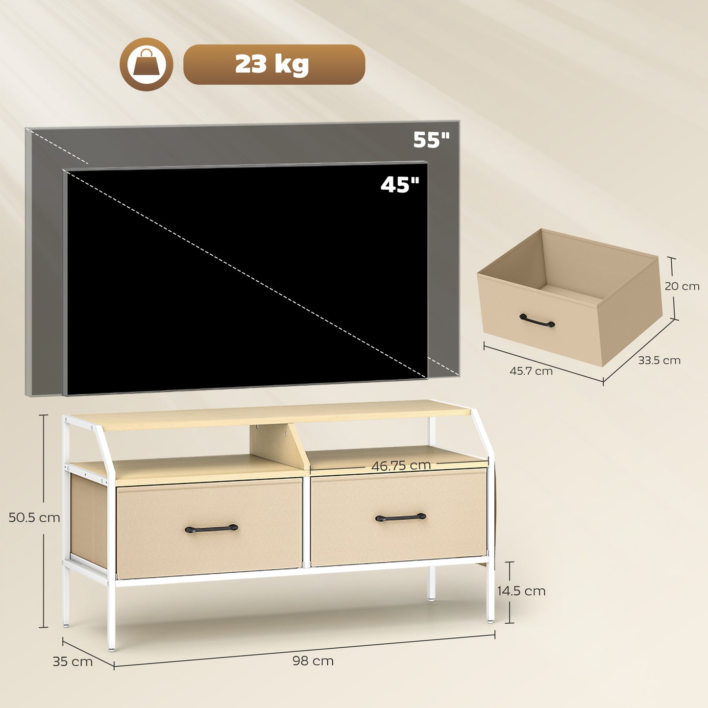 TV Stand Cabinet with 2 Foldable Drawers, Natural Wood Finish