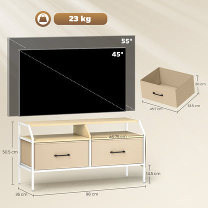 TV Stand Cabinet with 2 Foldable Drawers, Natural Wood Finish