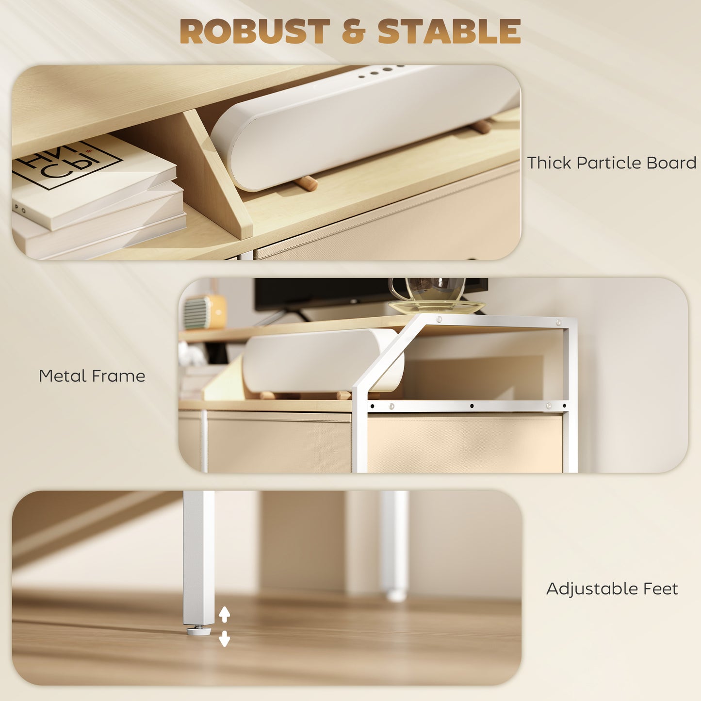 TV Stand Cabinet with 2 Foldable Drawers, Natural Wood Finish