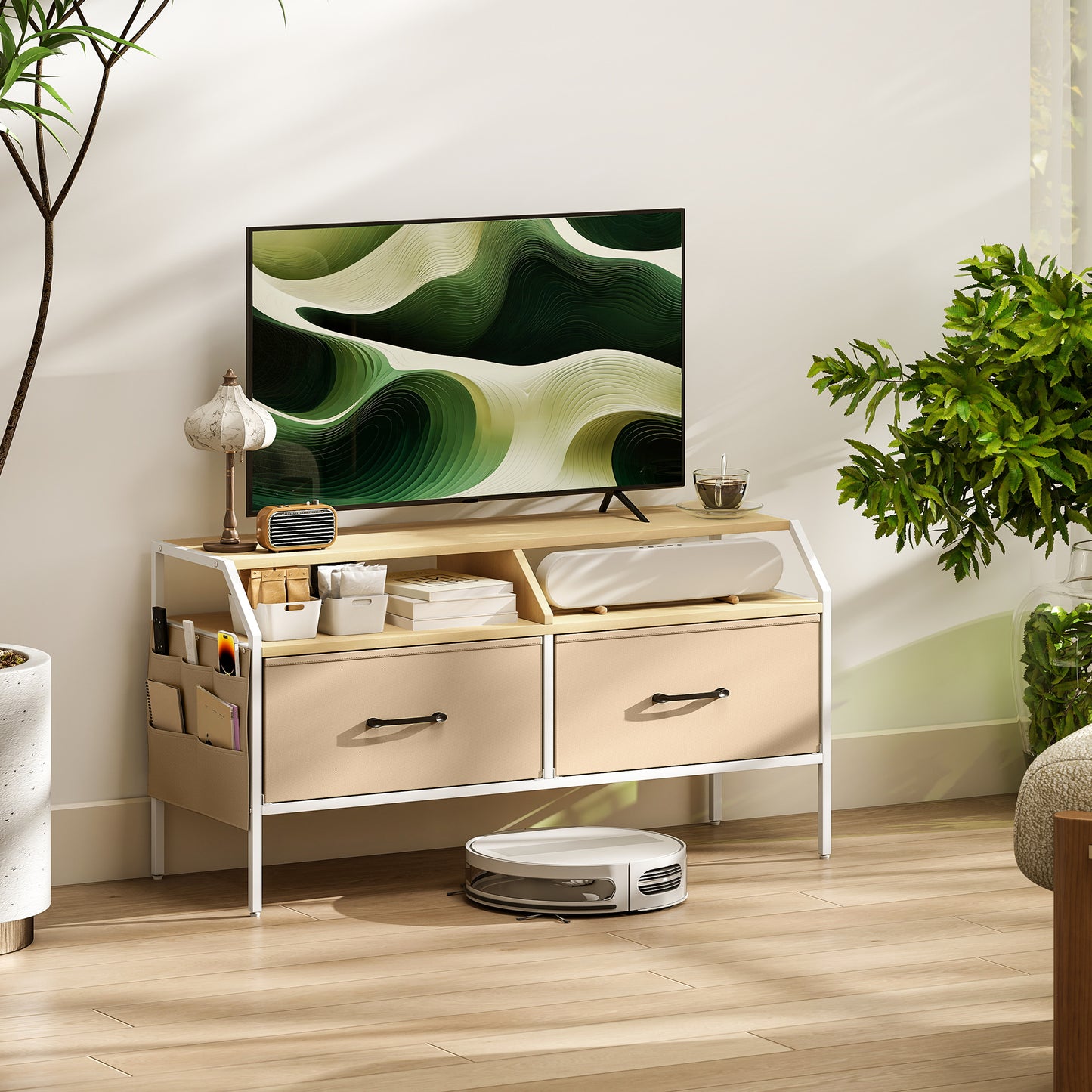 TV Stand Cabinet with 2 Foldable Drawers, Natural Wood Finish