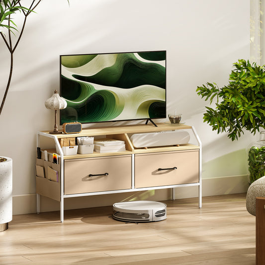 TV Stand Cabinet with 2 Foldable Drawers, Natural Wood Finish