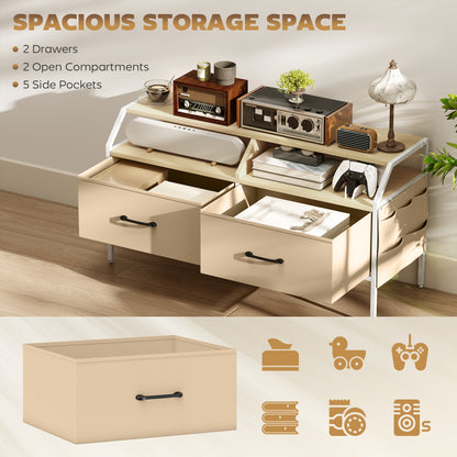 TV Stand Cabinet with 2 Foldable Drawers, Natural Wood Finish