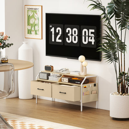 TV Stand Cabinet with 2 Foldable Drawers, Natural Wood Finish