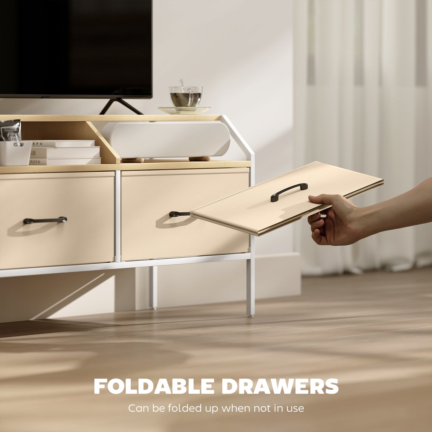 TV Stand Cabinet with 2 Foldable Drawers, Natural Wood Finish