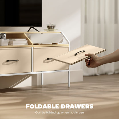 TV Stand Cabinet with 2 Foldable Drawers, Natural Wood Finish