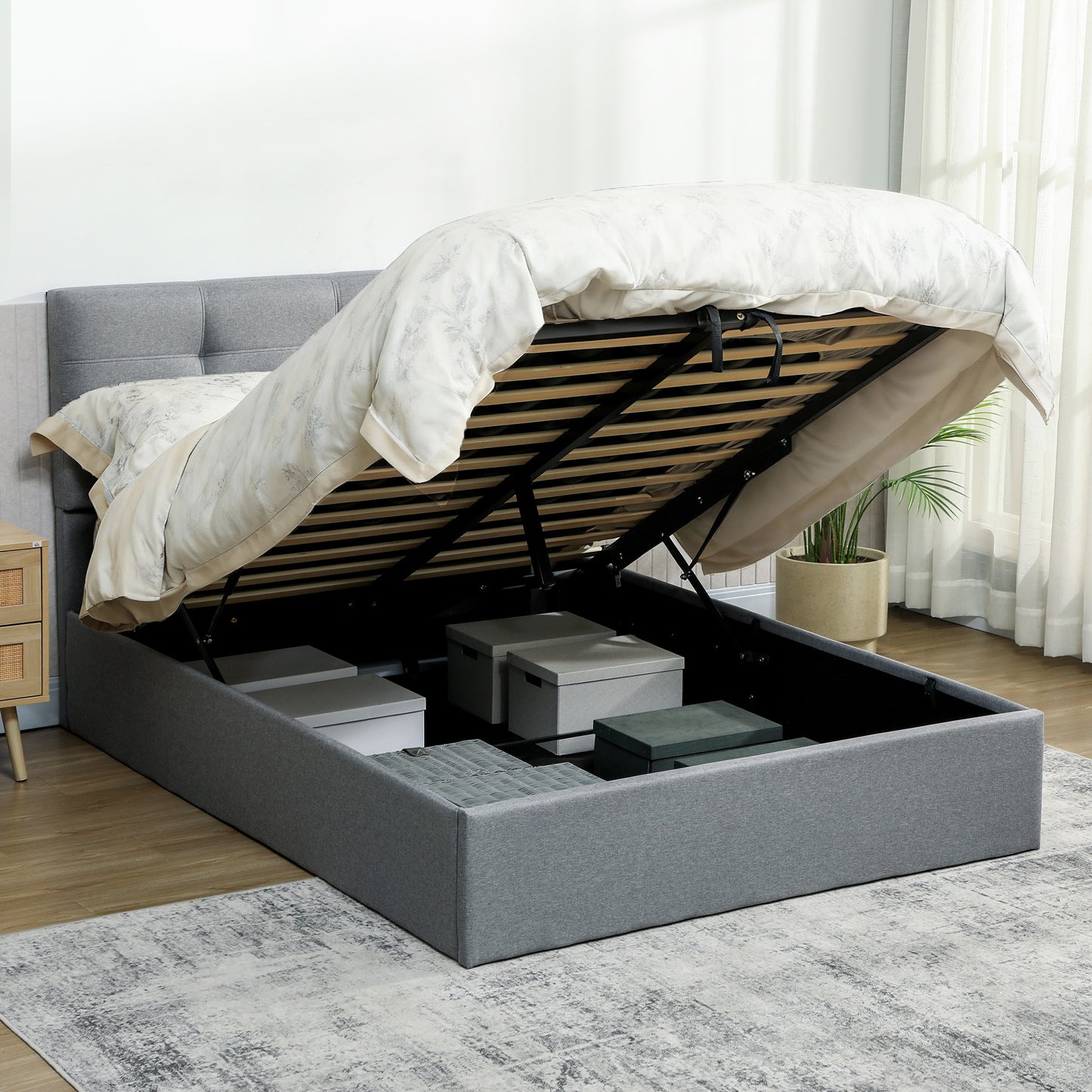 Upholstered Double Ottoman Bed, 4ft6 Double Ottoman Bed with Gas Lift Storage - Grey