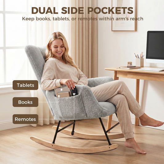 Tufted Rocking Chair with Side Pockets, Light Grey