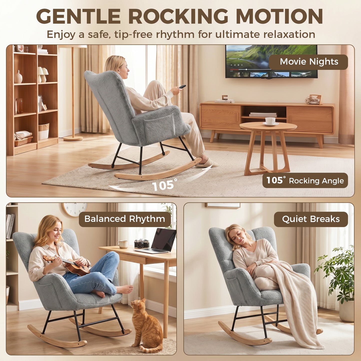 Tufted Rocking Chair with Side Pockets, Light Grey