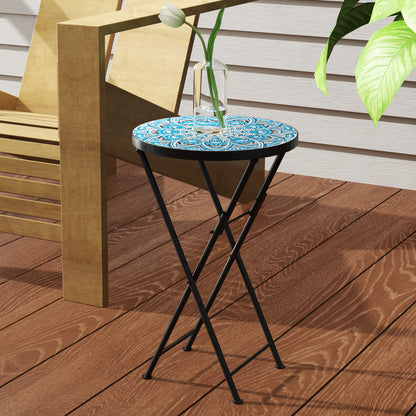 Mosaic Garden Table, 35.5cm Folding Coffee Table, Blue