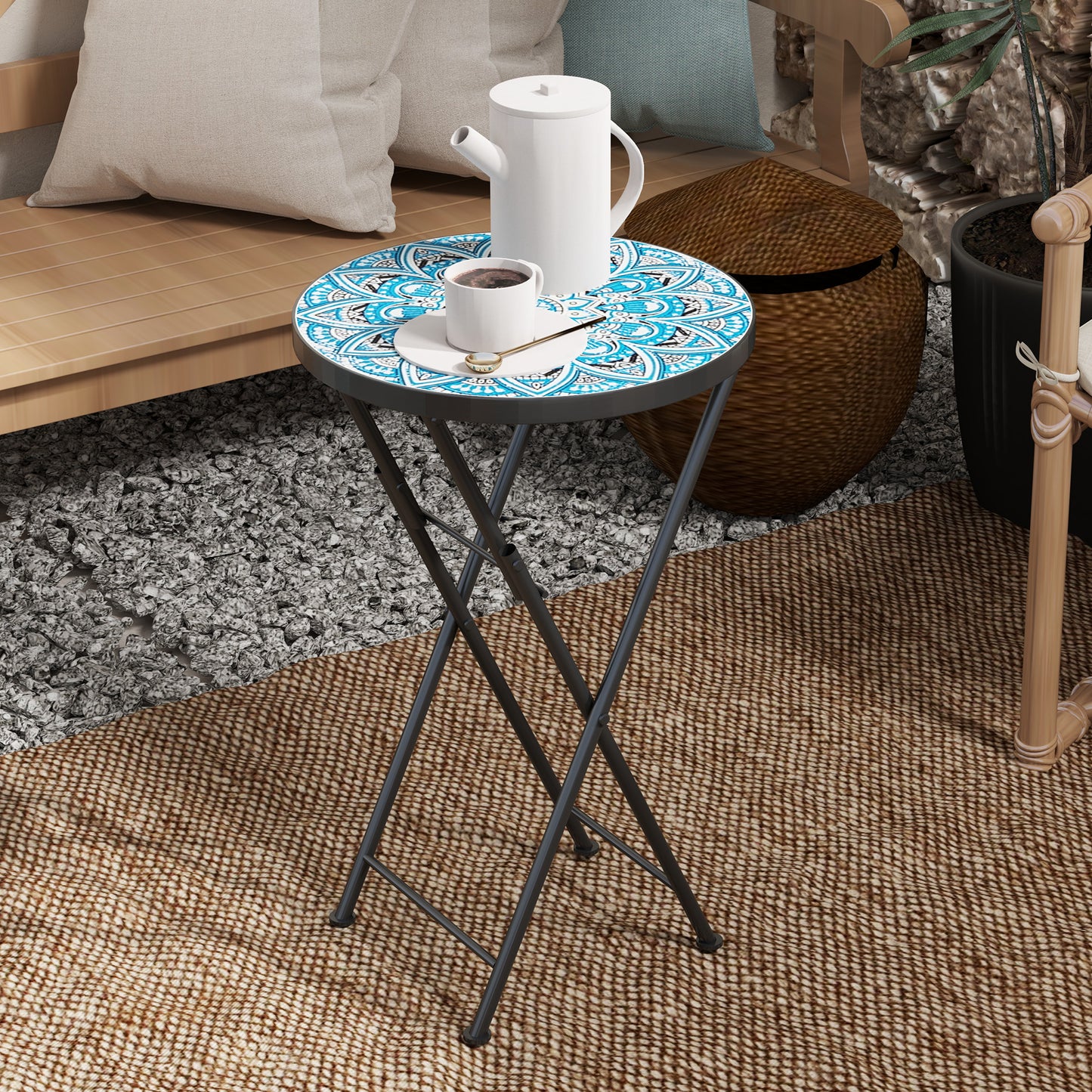 Mosaic Garden Table, 35.5cm Folding Coffee Table, Blue