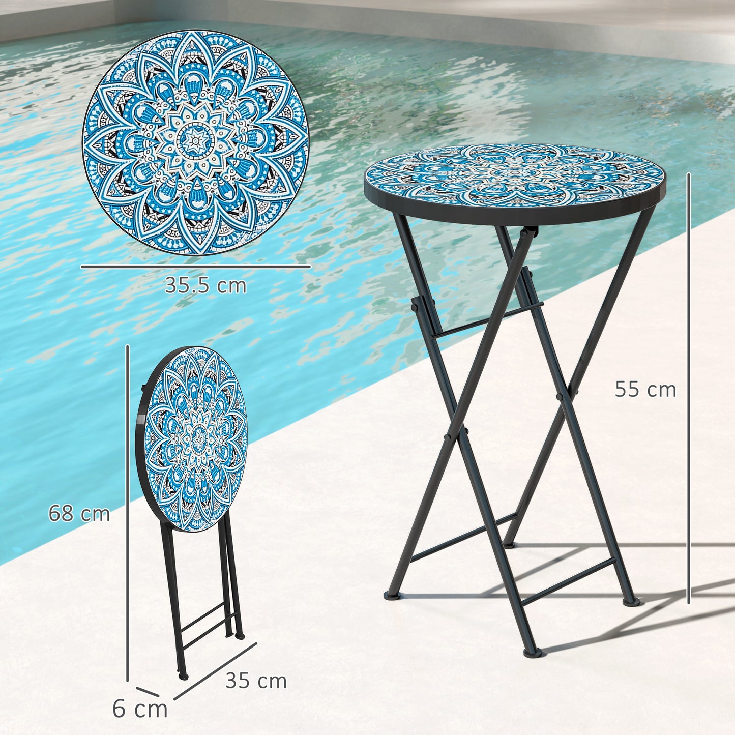 Mosaic Garden Table, 35.5cm Folding Coffee Table, Blue