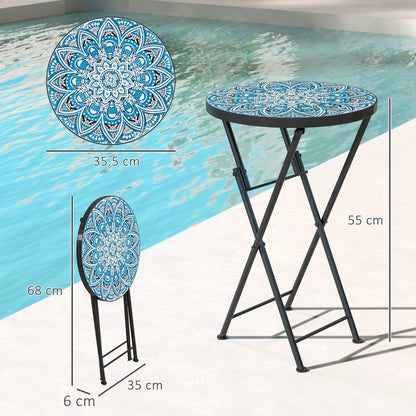 Mosaic Garden Table, 35.5cm Folding Coffee Table, Blue