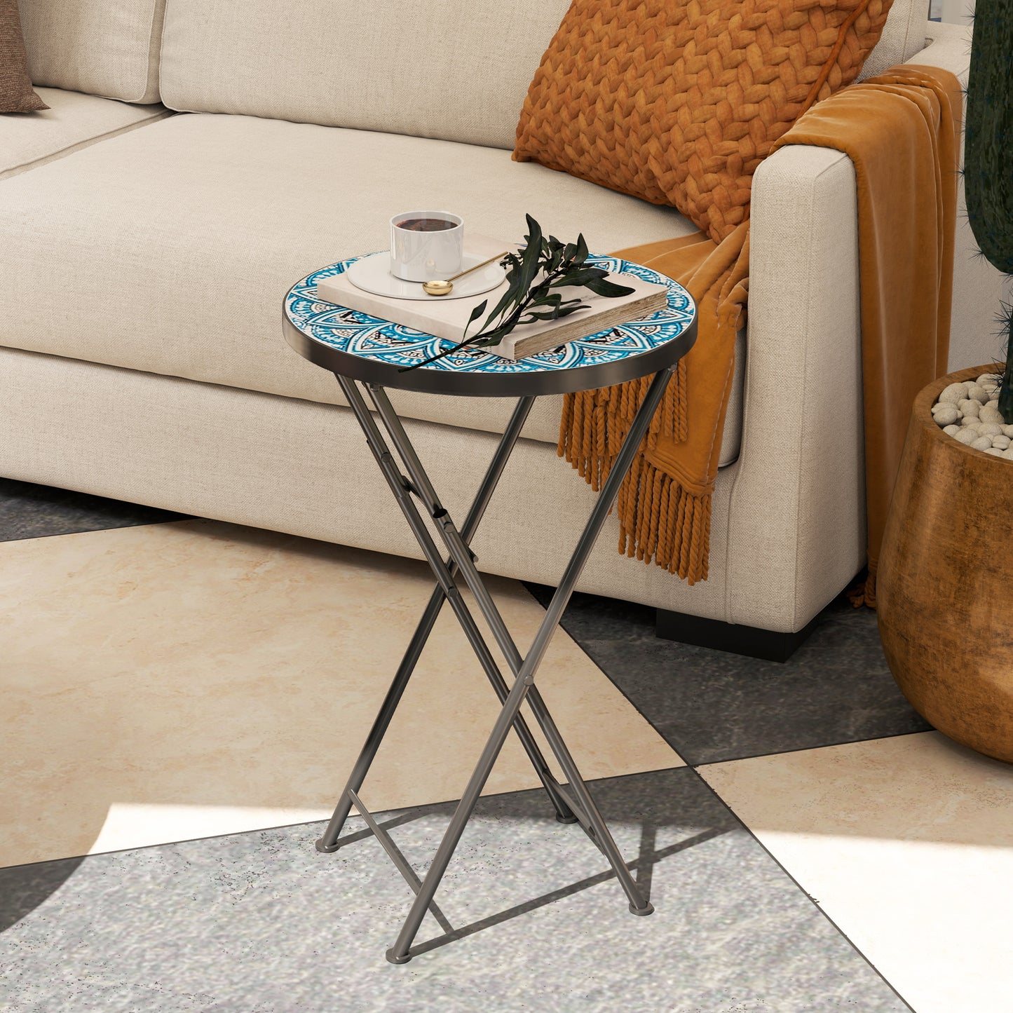 Mosaic Garden Table, 35.5cm Folding Coffee Table, Blue