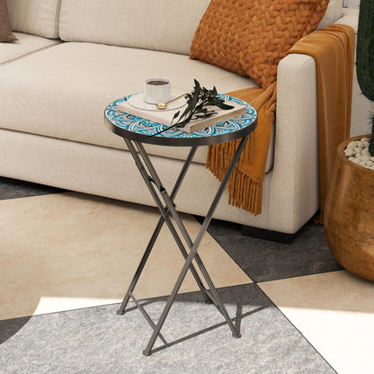 Mosaic Garden Table, 35.5cm Folding Coffee Table, Blue