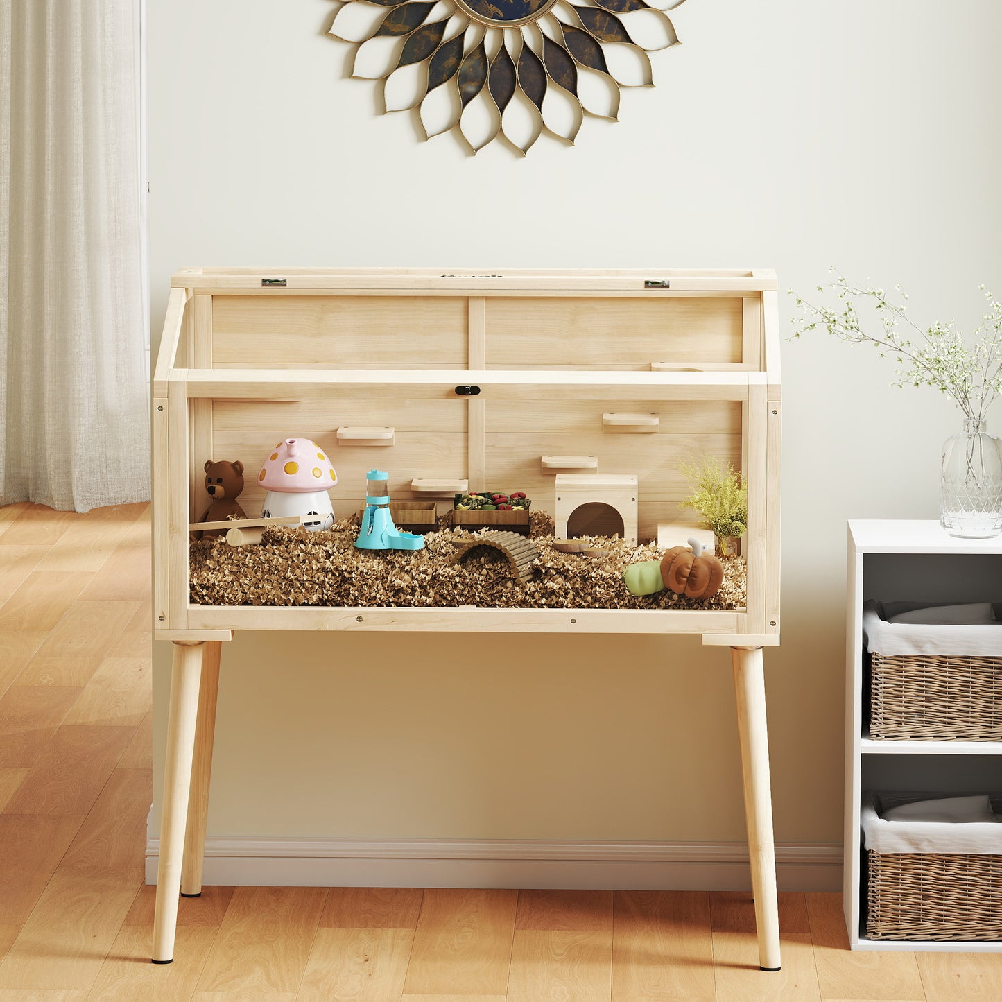 Wooden Hamster Cage, Gerbils Cage with Openable Top and Seesaws