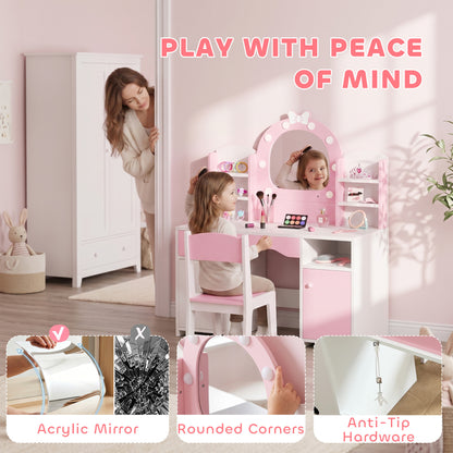 Kids Dressing Table with Stool, Lighted Mirror, Pink