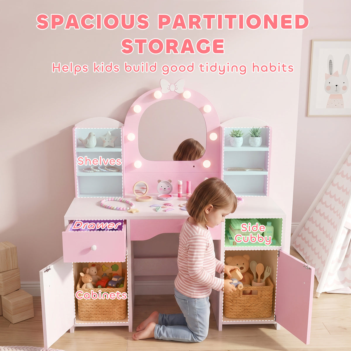 Kids Dressing Table with Stool, Lighted Mirror, Pink