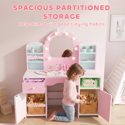 Kids Dressing Table with Stool, Lighted Mirror, Pink