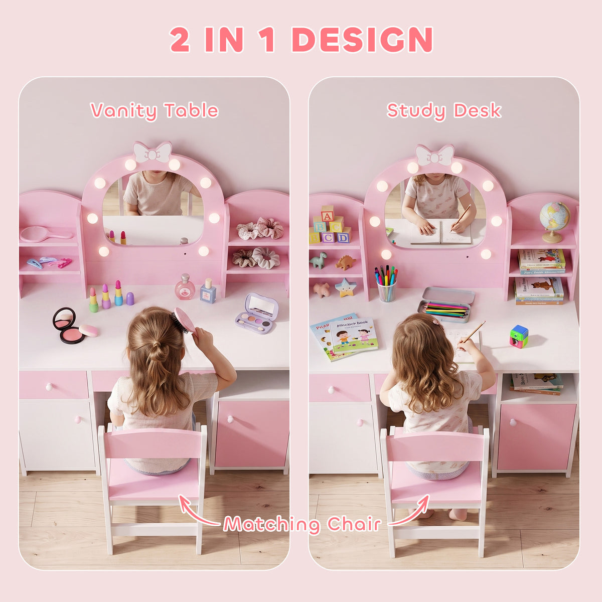 Kids Dressing Table with Stool, Lighted Mirror, Pink