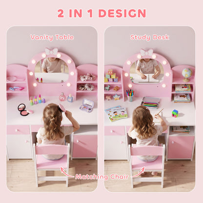 Kids Dressing Table with Stool, Lighted Mirror, Pink