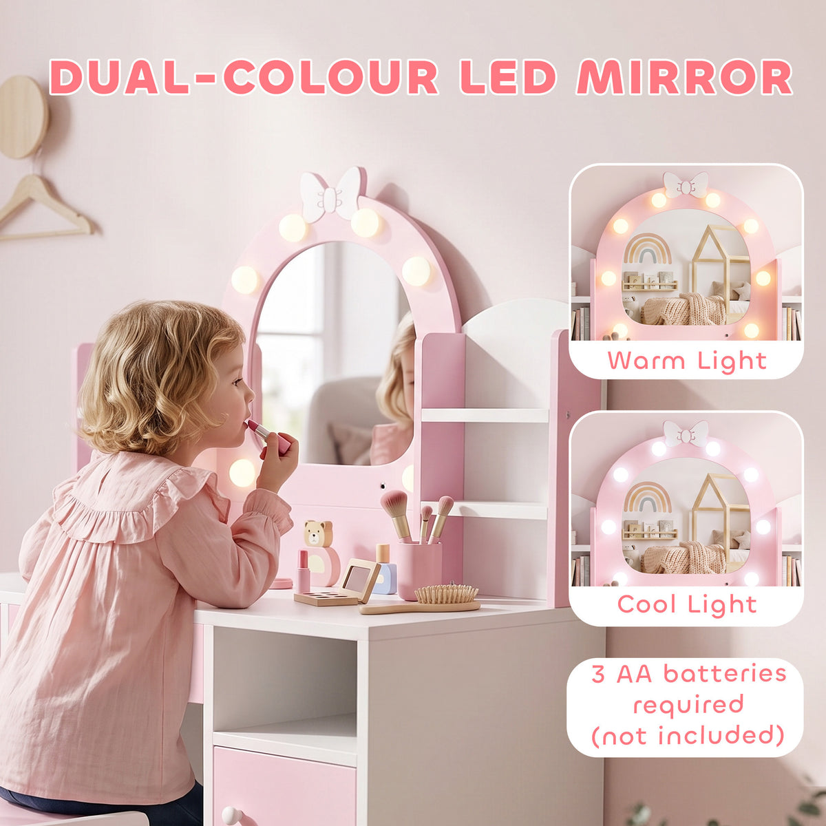 Kids Dressing Table with Stool, Lighted Mirror, Pink