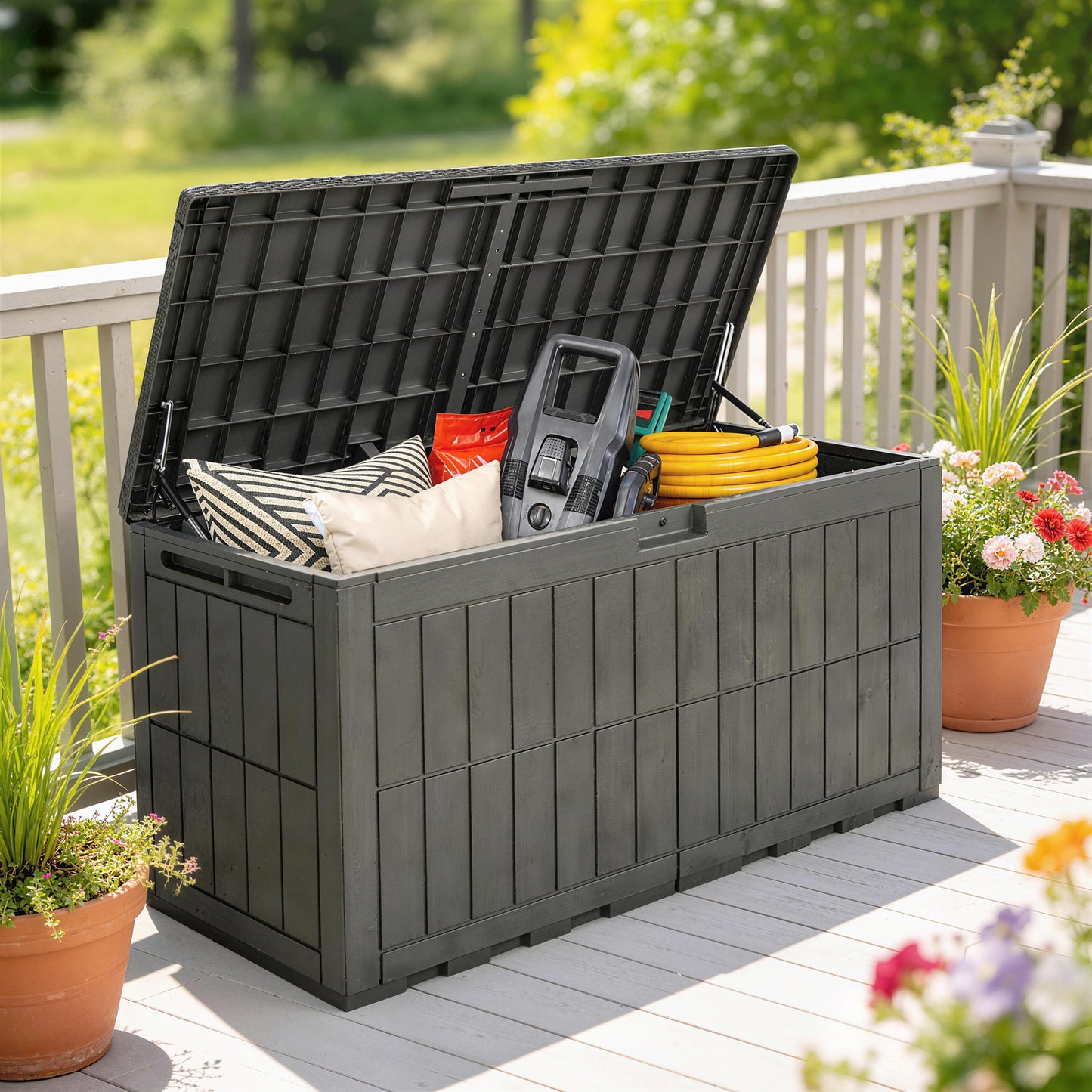 440L Garden Storage Box, Waterproof Resin Deck Box w/Lockable Lid