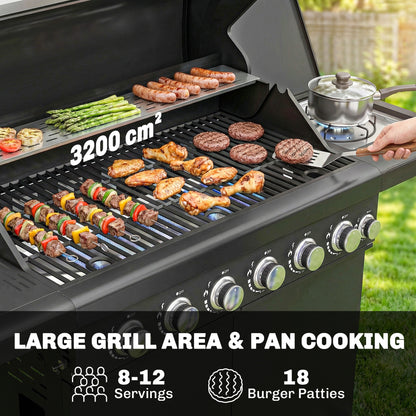 6+1 Burner Gas BBQ Grill, Barbecue Grill with Warming Rack, Black