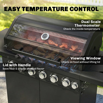 6+1 Burner Gas BBQ Grill, Barbecue Grill with Warming Rack, Black