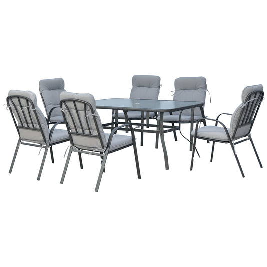 7 PCs Garden Dining Set w/ Umbrella Hole & Cushion, Grey