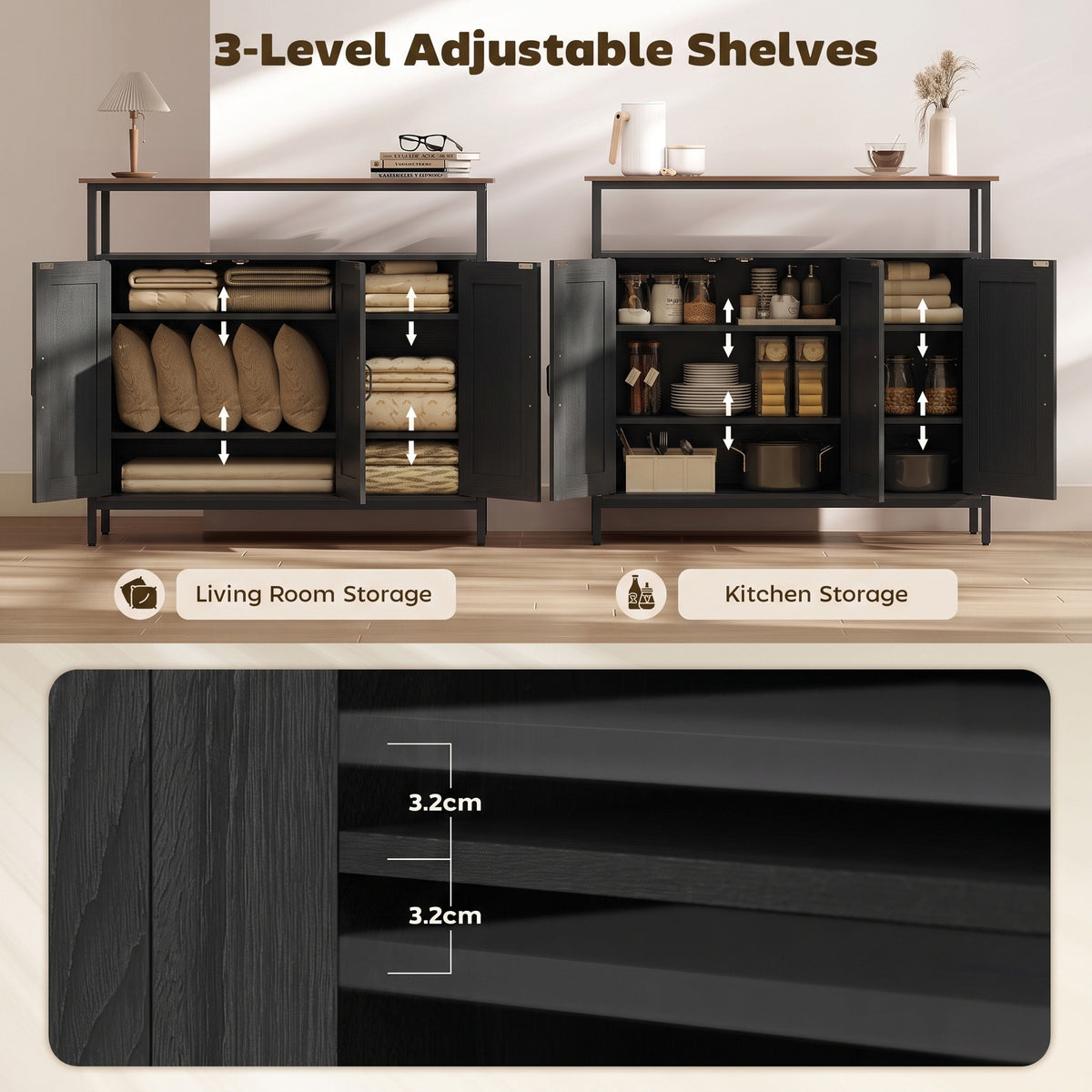Industrial Sideboard with 2 Cupboards and Open Shelf - Black & Walnut Effect