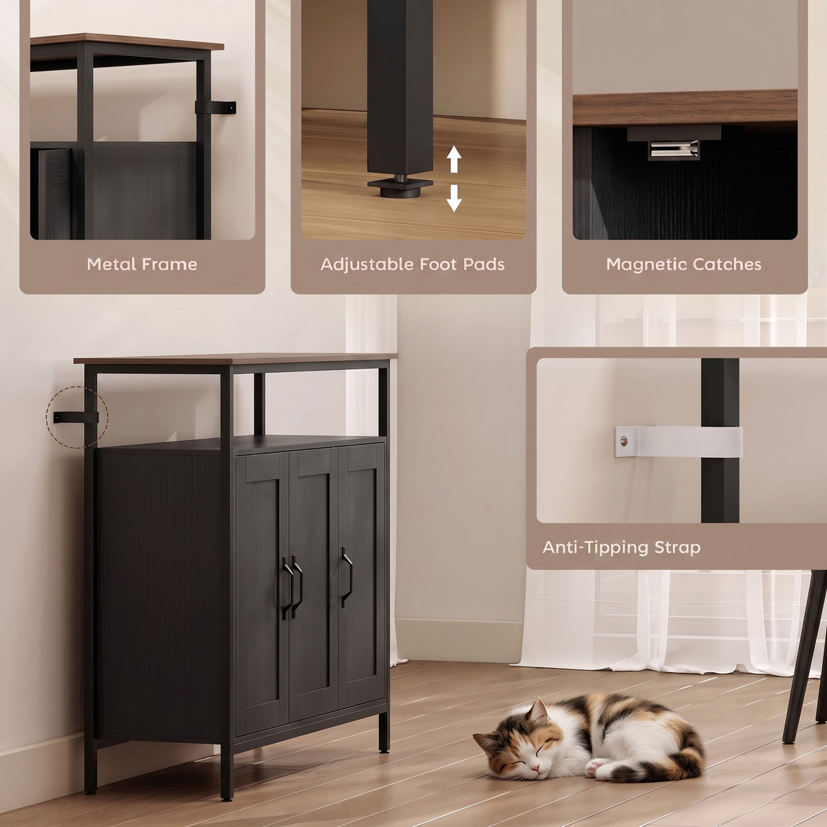 Industrial Sideboard with 2 Cupboards and Open Shelf - Black & Walnut Effect