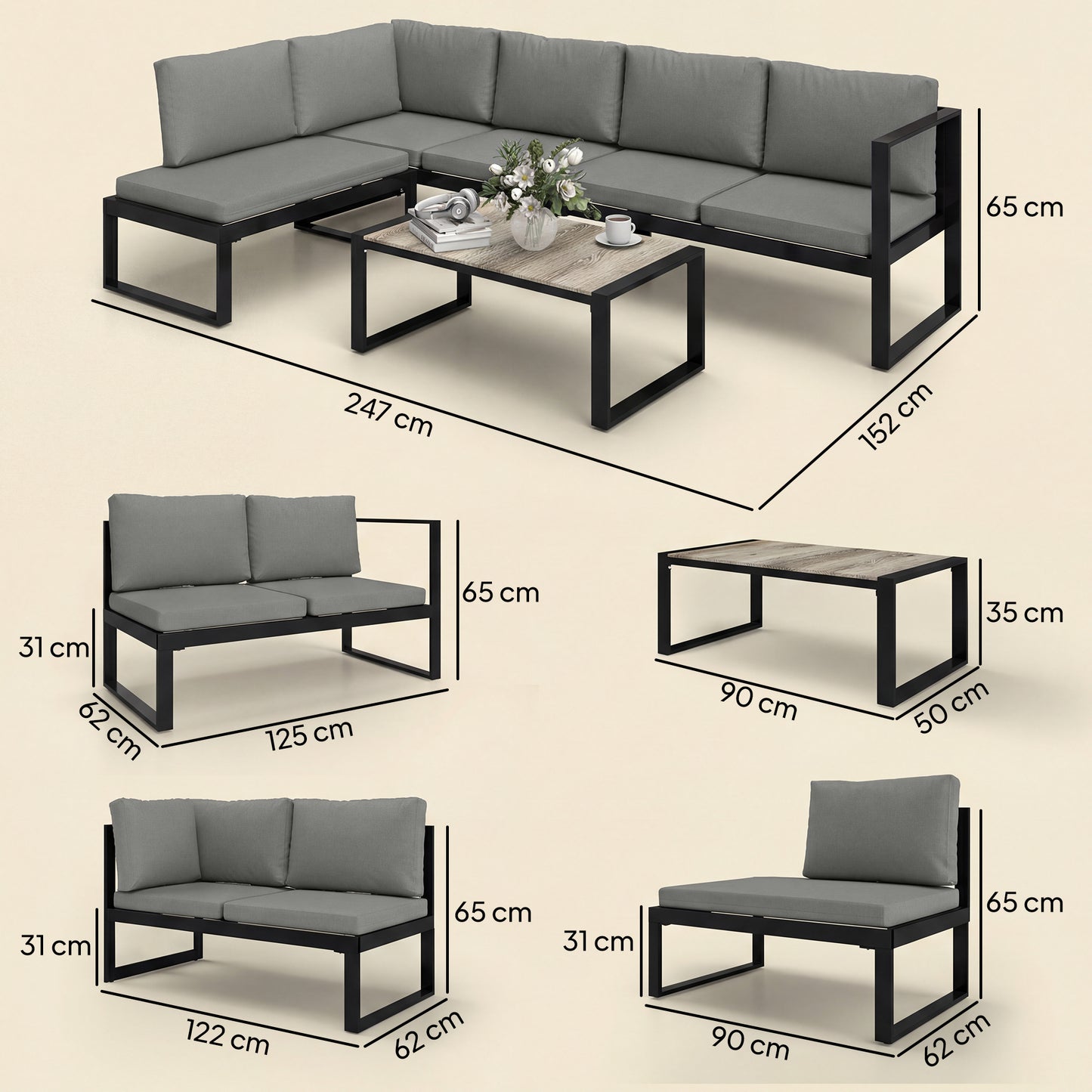 Garden Sofa Set with 2 Loveseats, Armless Chair, Coffee Table