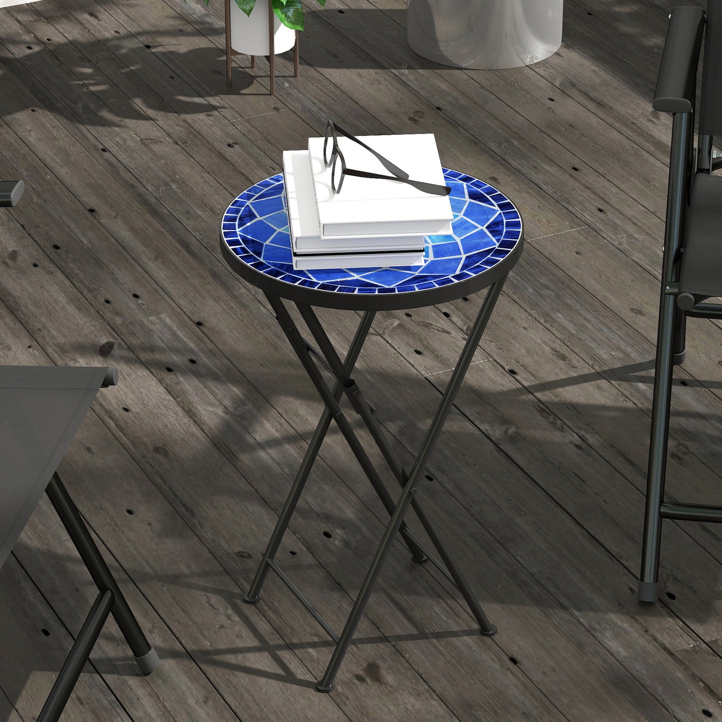 Mosaic Garden Table, 35.5cm Folding Coffee Table, Navy Blue