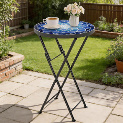 Mosaic Garden Table, 35.5cm Folding Coffee Table, Navy Blue