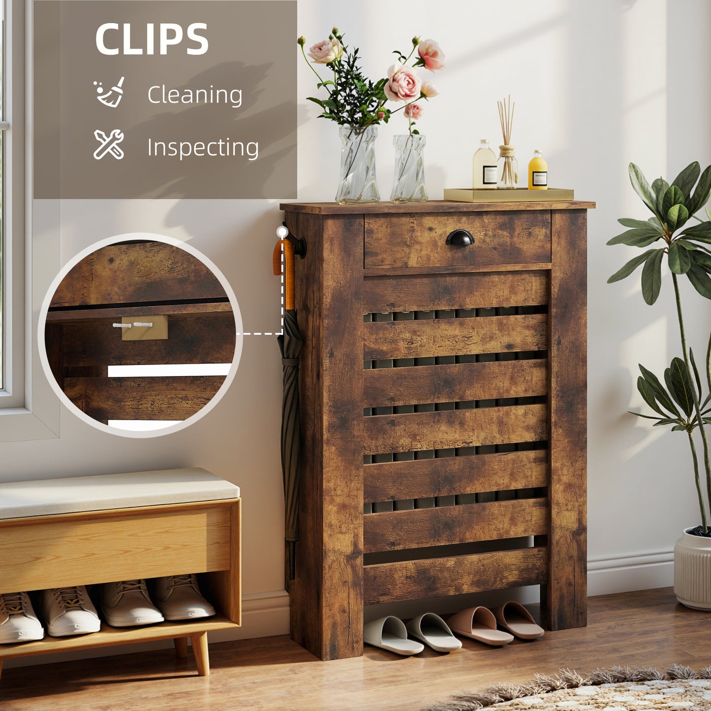 Radiator Cover with Drawer, Horizontal Slat, 78cm, Rustic Brown