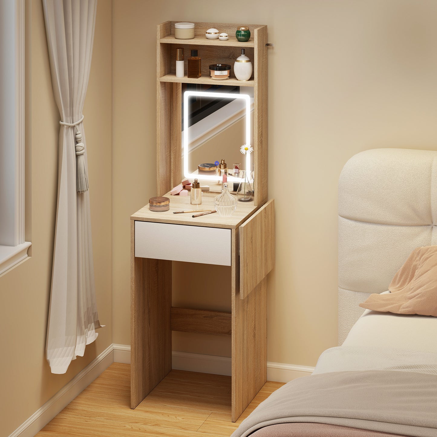 Compact Dressing Table with Lighted Mirror Open Shelves Natural Wood