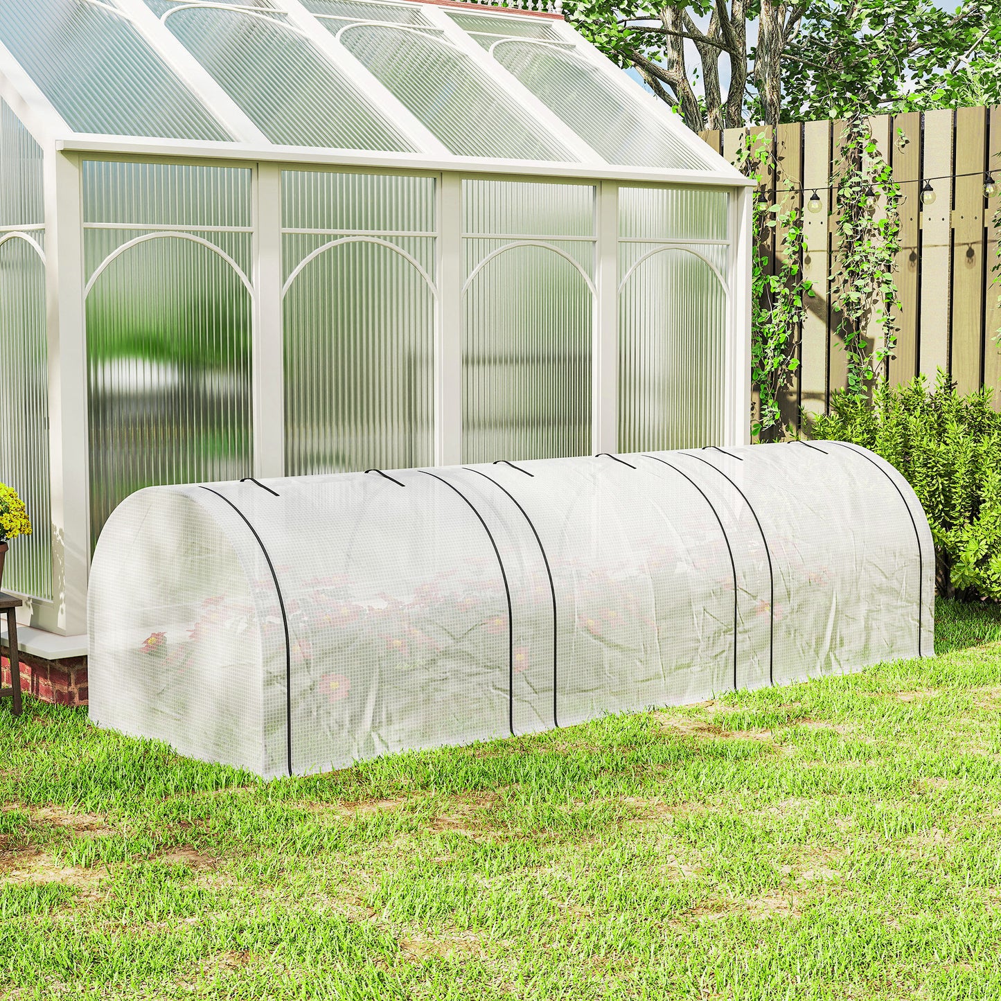 PE Tunnel Greenhouse, Green Grow House with Steel Frame and Zipper Doors for Garden, 295 x 100 x 80cm, White
