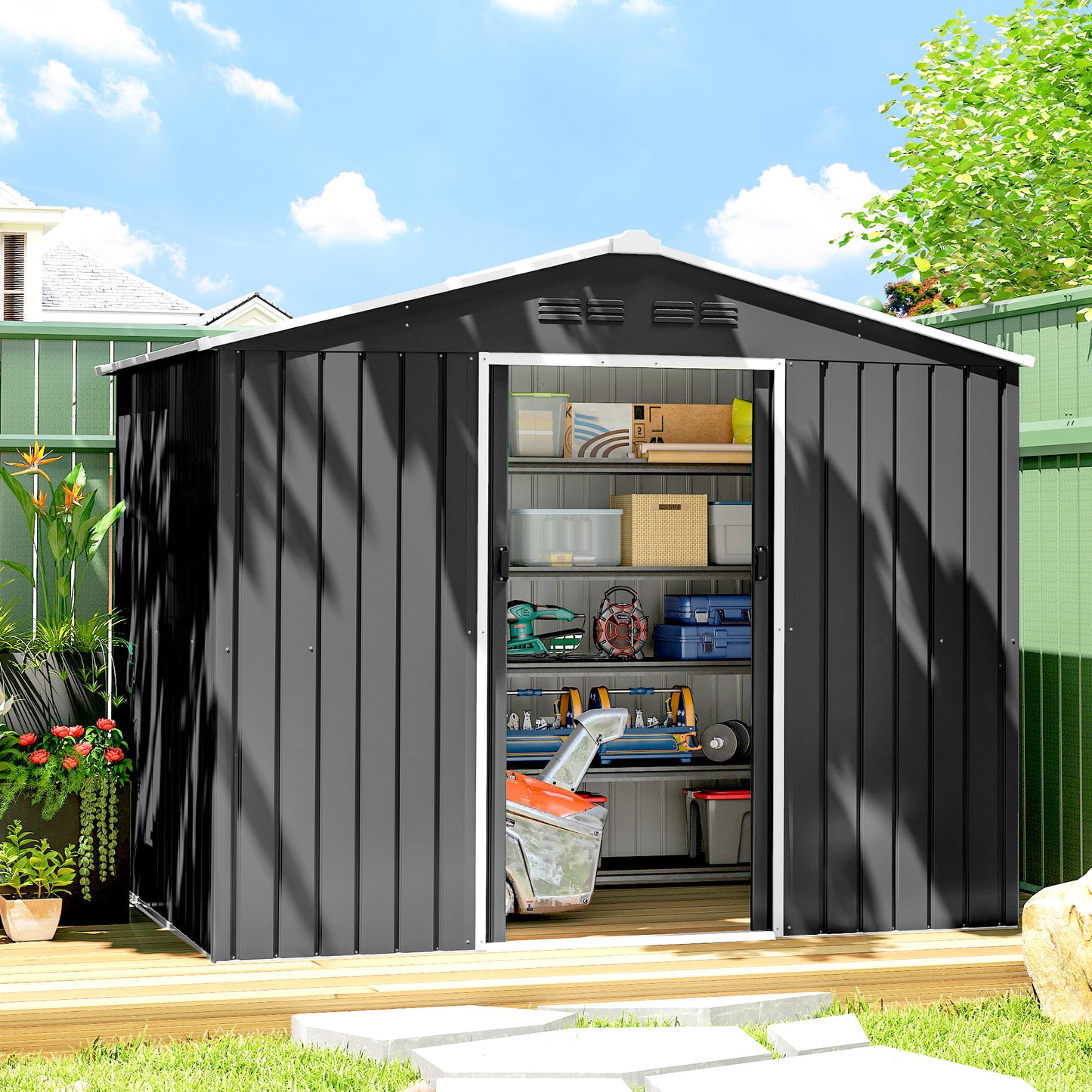 8 x 6ft Garden Storage Shed with Double Door, Dark Grey