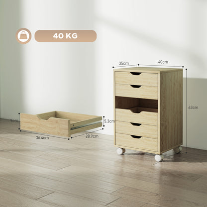 6 Drawer Vertical File Cabinet with Quiet Drawers and Wheels, Oak