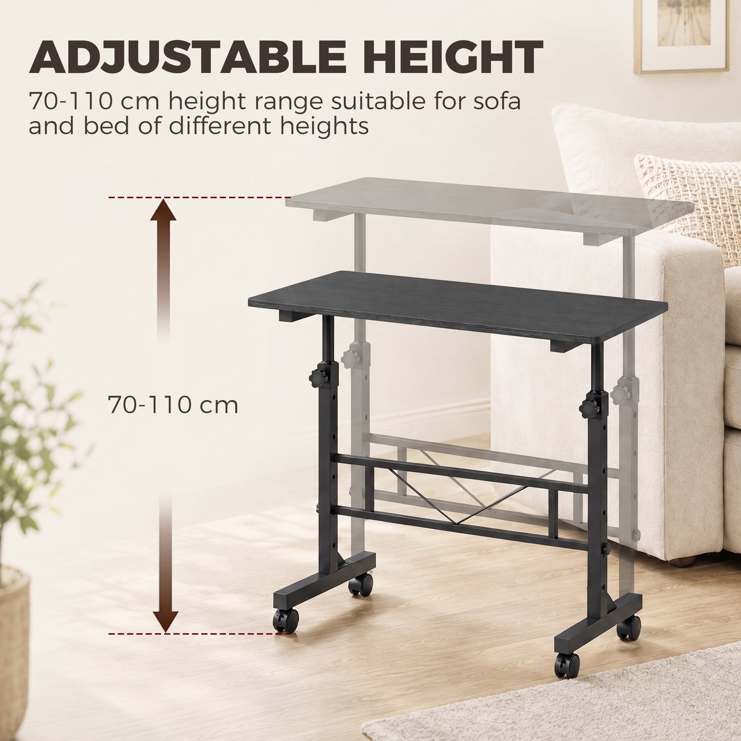 Overbed Table Adjustable Height with Steel Frame Black