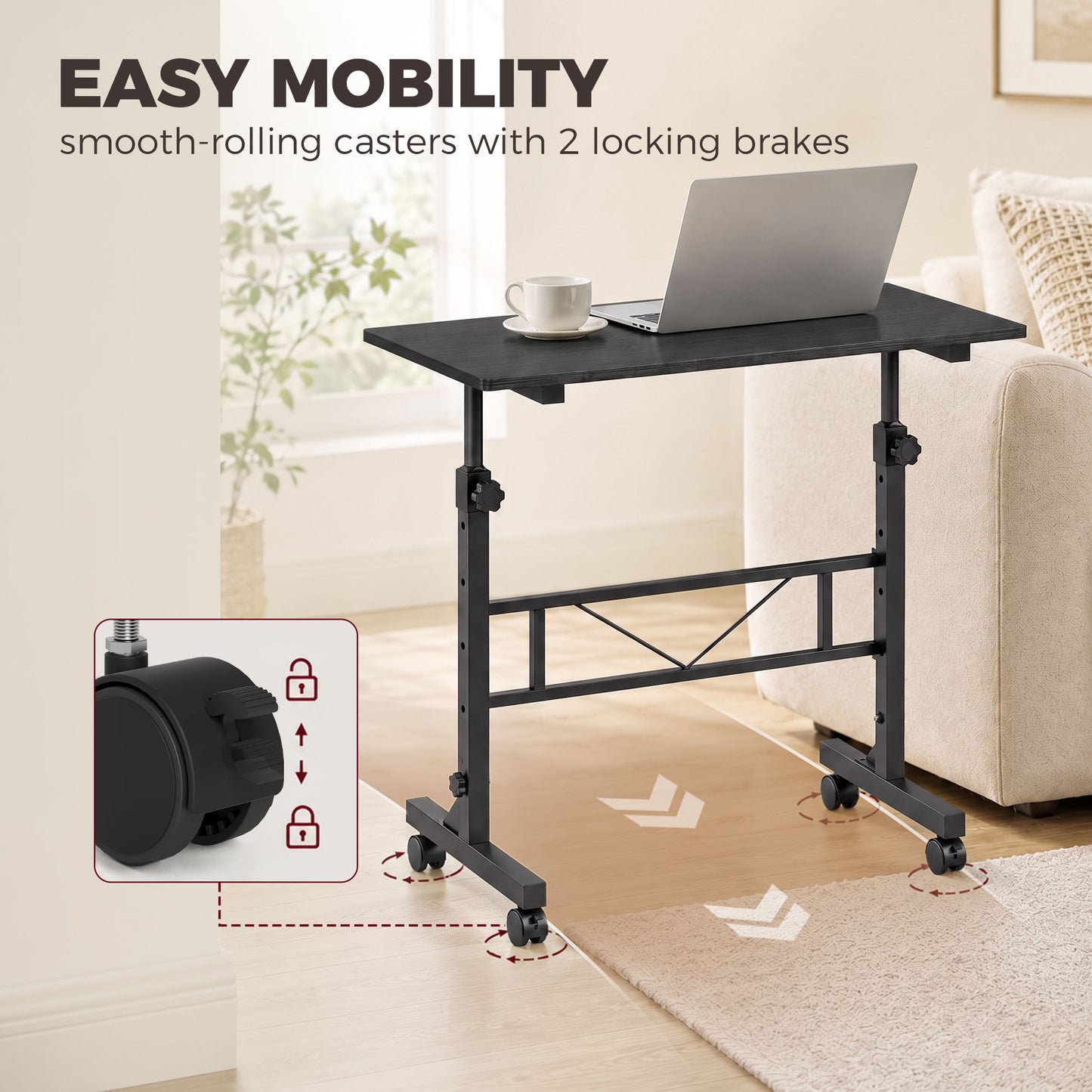 Overbed Table Adjustable Height with Steel Frame Black