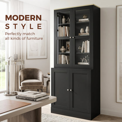 Modern Bookcase with Glass Doors, Display Storage Cabinet with Adjustable Shelves for Living Room, Study, Home Office, Kitchen Cupboard with Small Open Counter, Black