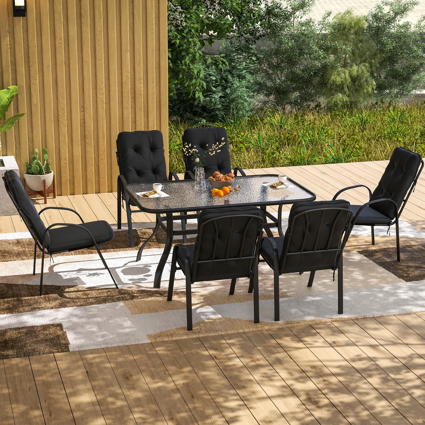 7 PCs Garden Dining Set w/ Umbrella Hole & Cushion, Black